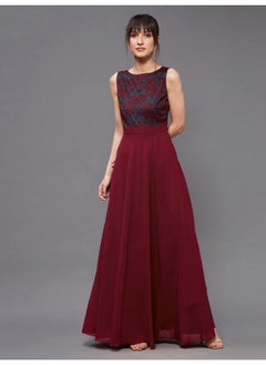 Miss Chase Miss Chase Women's Round Neck Sleeveless Georgette Floral Lace Fit & Flare Maxi Dress Maroon  - Image 2