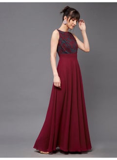 Miss Chase Miss Chase Women's Round Neck Sleeveless Georgette Floral Lace Fit & Flare Maxi Dress Maroon  - Image 3