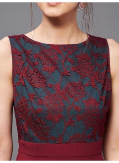 Miss Chase Miss Chase Women's Round Neck Sleeveless Georgette Floral Lace Fit & Flare Maxi Dress Maroon  - Image 5