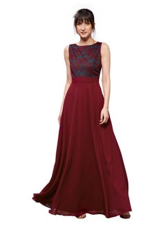 Miss Chase Miss Chase Women's Round Neck Sleeveless Georgette Floral Lace Fit & Flare Maxi Dress Maroon  - Image 1