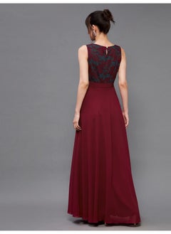 Miss Chase Miss Chase Women's Round Neck Sleeveless Georgette Floral Lace Fit & Flare Maxi Dress Maroon  - Image 4