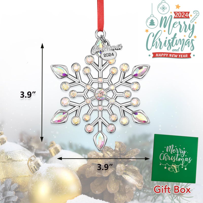 Venhoo Christmas Snowflake Ornaments 2024 Decorations Metallic Hanging Rhinestones Glitter Snow Flake Christmas Tree Decorations Indoor for Winter Home Window Room Door-Silver - Image 3