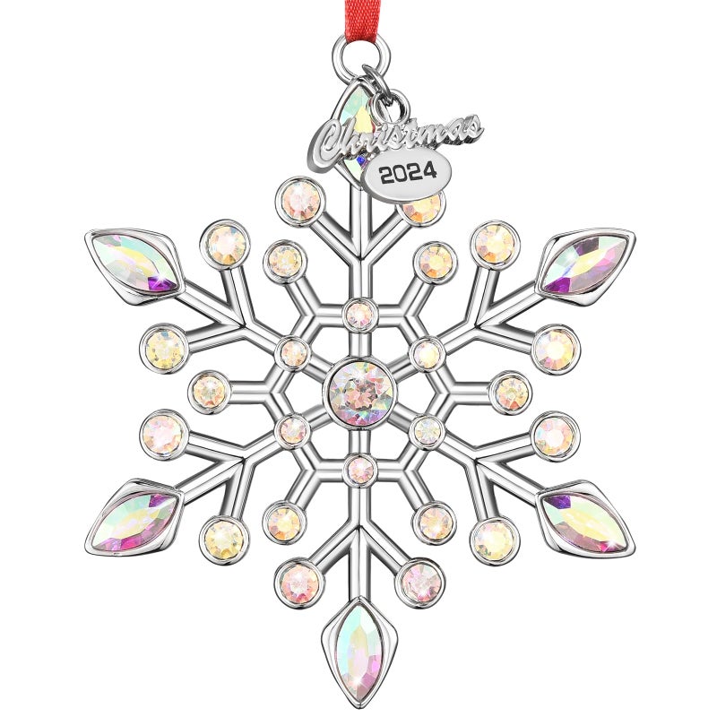 Venhoo Christmas Snowflake Ornaments 2024 Decorations Metallic Hanging Rhinestones Glitter Snow Flake Christmas Tree Decorations Indoor for Winter Home Window Room Door-Silver - Image 1