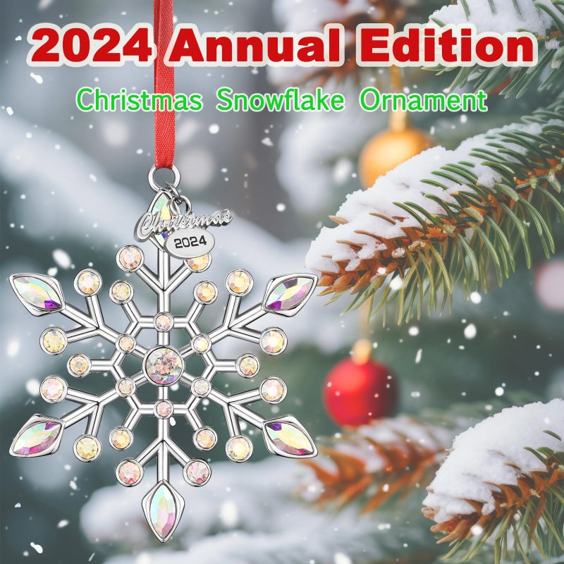 Venhoo Christmas Snowflake Ornaments 2024 Decorations Metallic Hanging Rhinestones Glitter Snow Flake Christmas Tree Decorations Indoor for Winter Home Window Room Door-Silver - Image 2