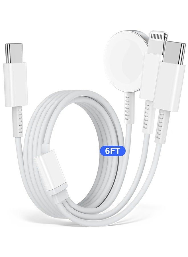 General 3 in 1 for Apple Watch Charger, for iPhone Watch Charger, USB C Multi Charging Cable for Apple Multiple Devices, Travel Charger for iWatch 9/8/7/6/5/4/3/2/1/Ultra2/SE/For iPhone 15/14/13 (White/6FT)  - Image 1