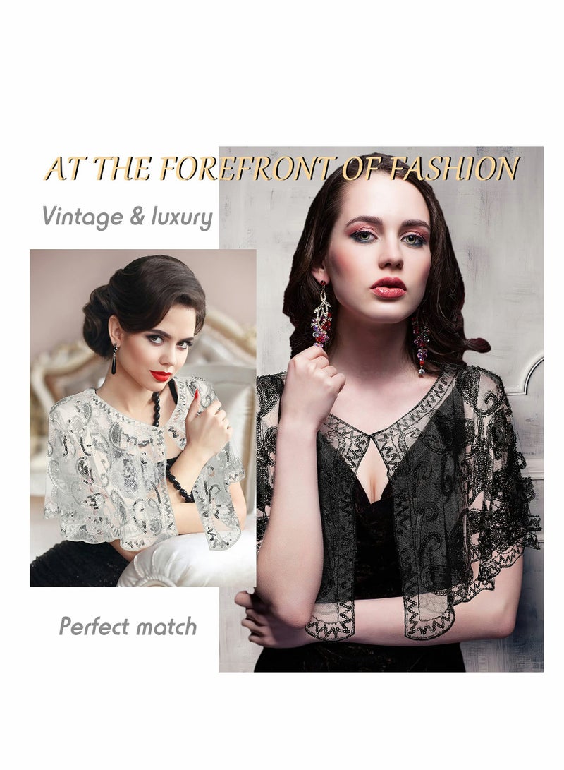 Women's 1920s Sequin Shawls, Sequin Beaded Evening Cape Bolero Flapper Cover Up Top for Evening Dresses Party 2Pcs - Image 2