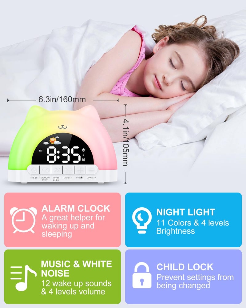 OQIMAX Kids Alarm Clock, Wake Up Clock with 11 Colors Night Light, Toddlers Sleep Training Clocks with 10 Ringtones, Brightness Adjustment, Dual Alarms Plug in OK to Wake Clocks for Girls Boys - Image 3