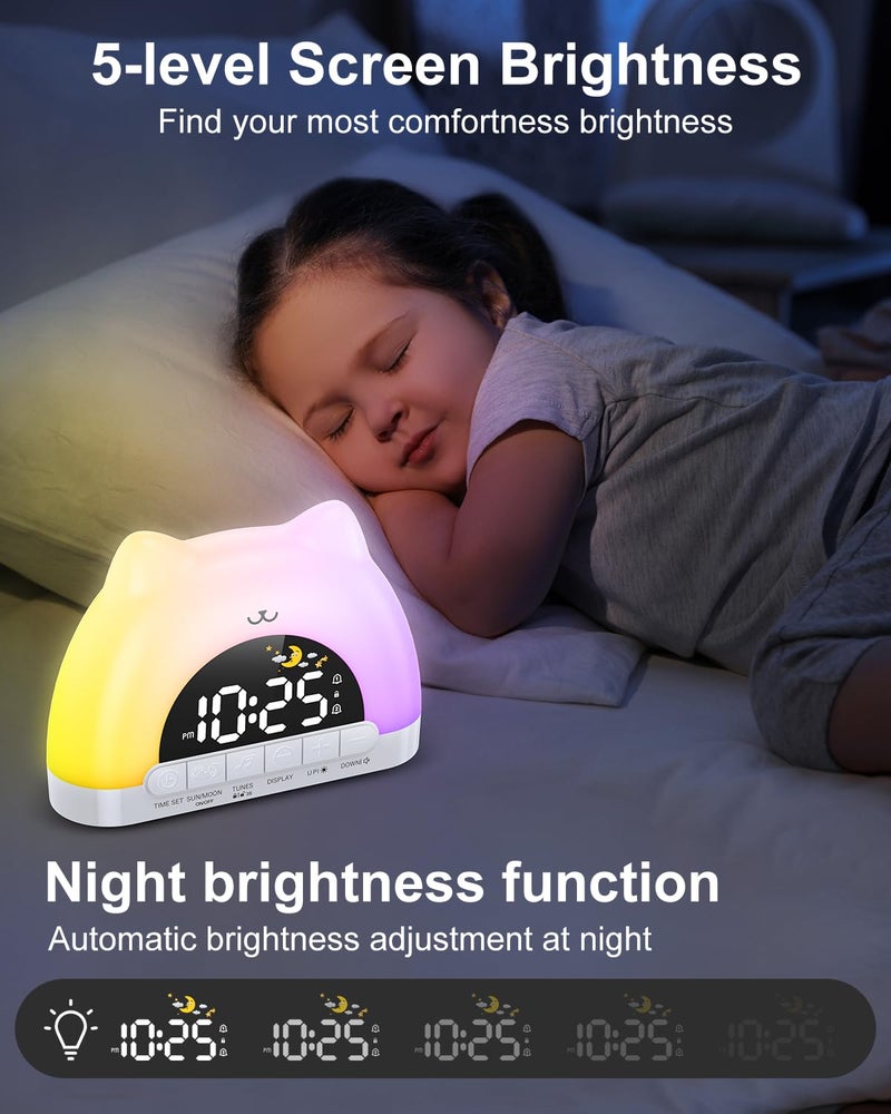 OQIMAX Kids Alarm Clock, Wake Up Clock with 11 Colors Night Light, Toddlers Sleep Training Clocks with 10 Ringtones, Brightness Adjustment, Dual Alarms Plug in OK to Wake Clocks for Girls Boys - Image 5