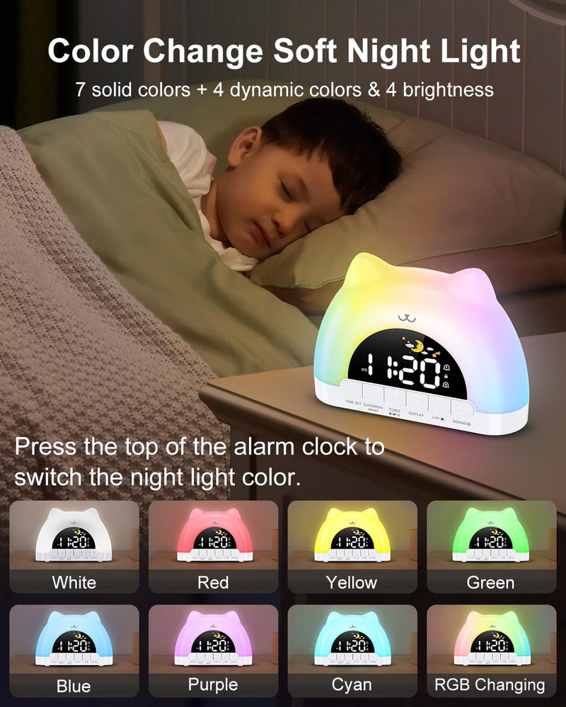 OQIMAX Kids Alarm Clock, Wake Up Clock with 11 Colors Night Light, Toddlers Sleep Training Clocks with 10 Ringtones, Brightness Adjustment, Dual Alarms Plug in OK to Wake Clocks for Girls Boys - Image 4