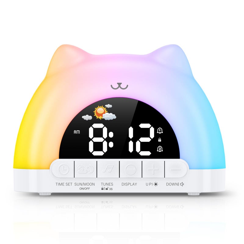OQIMAX Kids Alarm Clock, Wake Up Clock with 11 Colors Night Light, Toddlers Sleep Training Clocks with 10 Ringtones, Brightness Adjustment, Dual Alarms Plug in OK to Wake Clocks for Girls Boys - Image 1