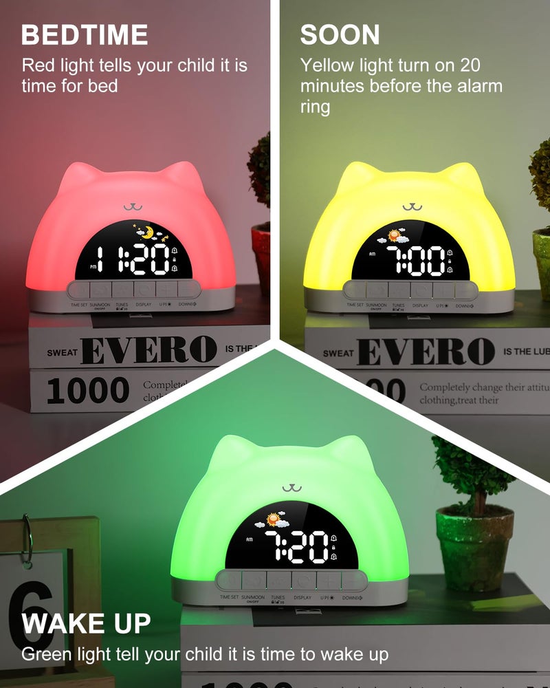 OQIMAX Kids Alarm Clock, Wake Up Clock with 11 Colors Night Light, Toddlers Sleep Training Clocks with 10 Ringtones, Brightness Adjustment, Dual Alarms Plug in OK to Wake Clocks for Girls Boys - Image 2