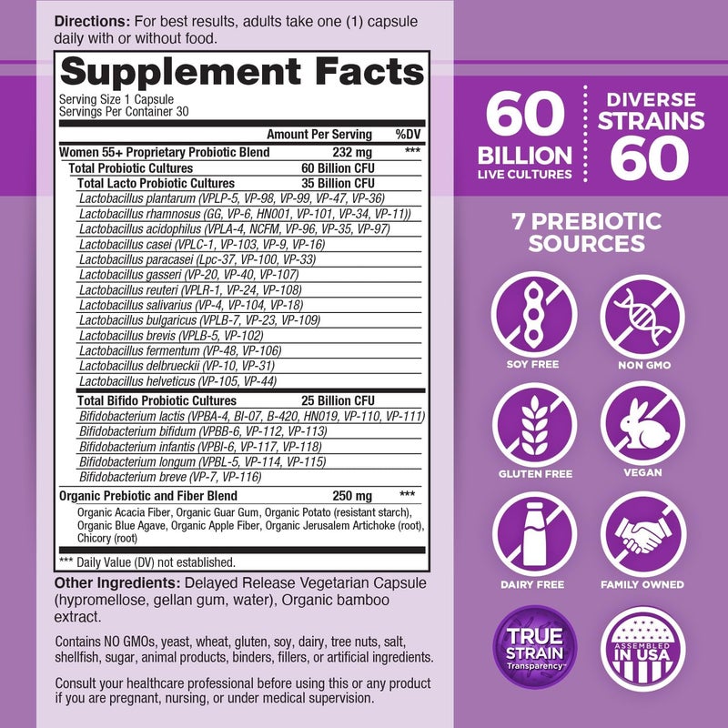 Vital Planet  Vital Flora Women Over 55 Daily Probiotic 60 Billion CFU Diverse Strains Organic Prebiotics Vaginal and Immune Support Digestive Health Probiotics for Women 30 Capsules - Image 2