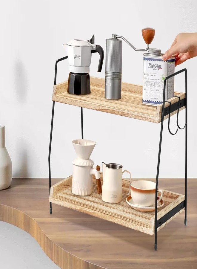 Honlibey 2-Tier Coffee Station Organizer for Countertop, Wooden Coffee Bar Organizer with 2 Cup Hooks, Countertop Storage for Bathroom, Kitchen, Holiday Decorations - Image 3