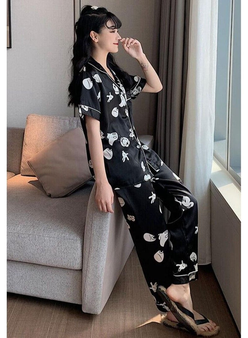 DubaiGallery طقم بيجاما نسائي من الحرير الساتان بأكمام قصيرة وزر للراحة - Image 3