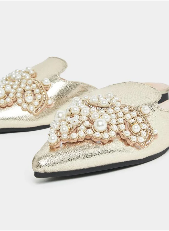 Styli Faux Pearl Studded Strap Mules