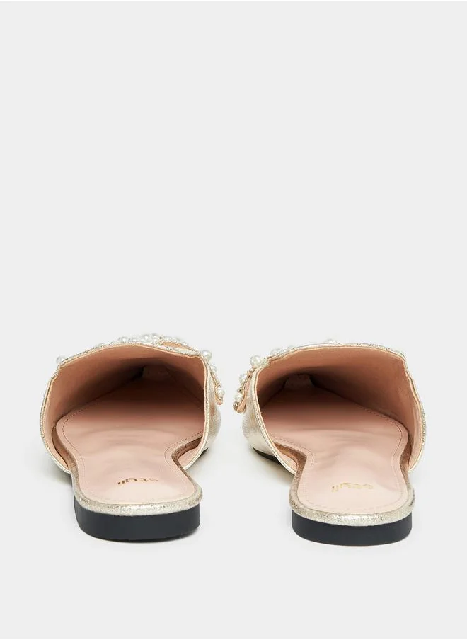 Styli Faux Pearl Studded Strap Mules