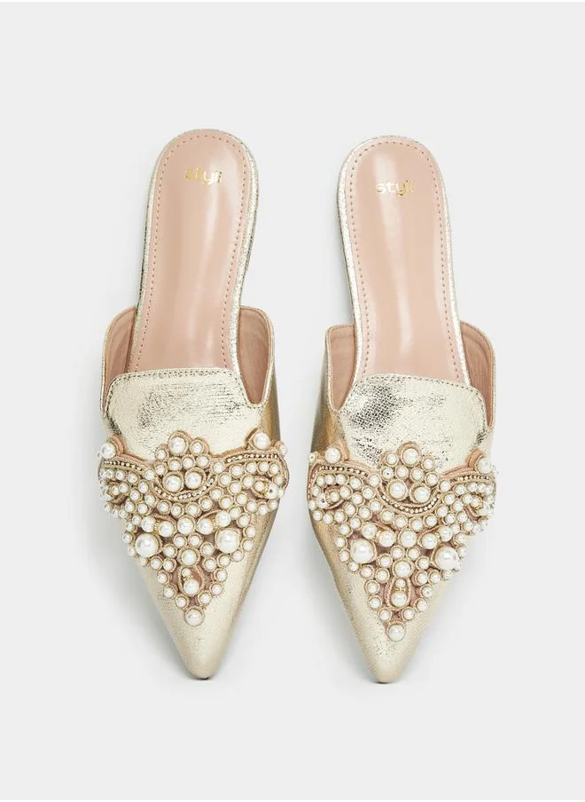 Styli Faux Pearl Studded Strap Mules