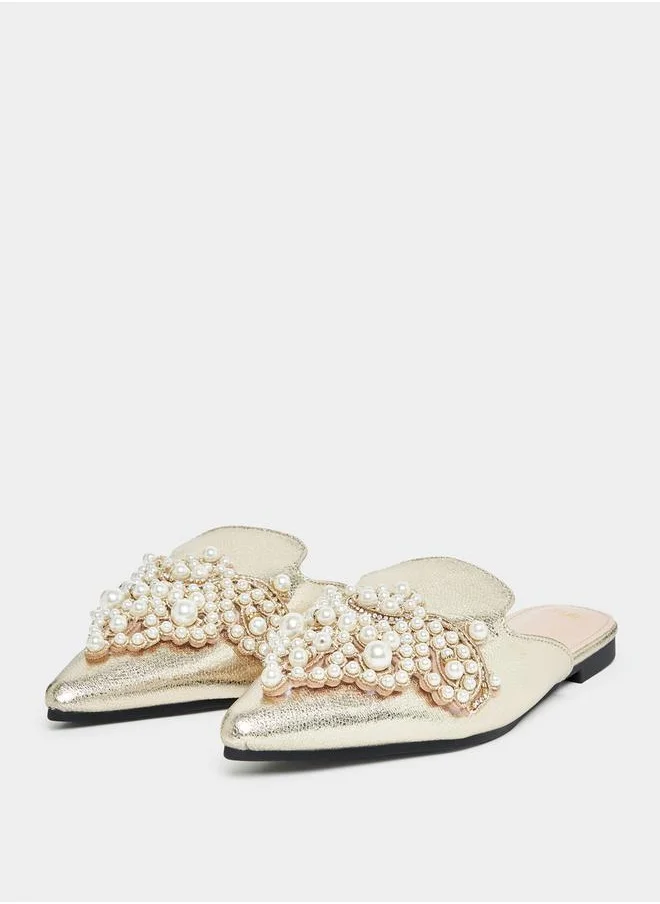 Styli Faux Pearl Studded Strap Mules