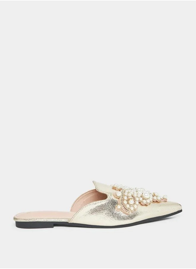 Styli Faux Pearl Studded Strap Mules