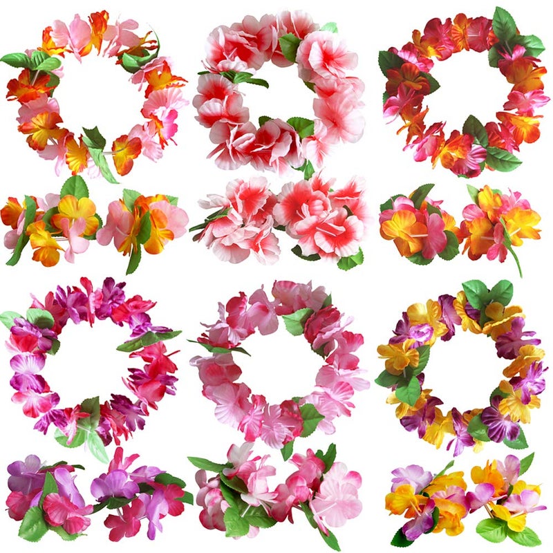 Hawaiian Flower Headband Wristbands Tropical Hawaii Luau Leaf Bracelets Hair Hoops Wreath Women Headpiece Hair Bands Summer Beach Vacation Party Decoration Cosplay Costume Hair Accessories 18 Pack