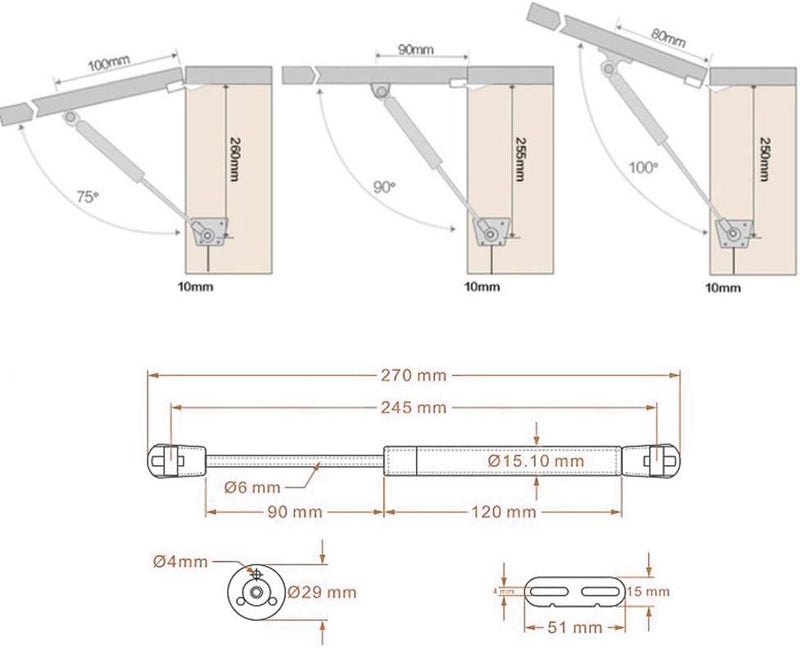 Jacklove 4 Pcs 100N 225lb Gas Strut Pneumatic Lift Furniture Cabinet Door Stay Hydraulic Gas Lift Spring Stay Cabinet Lift Support Cabinet Door Strut - Image 5