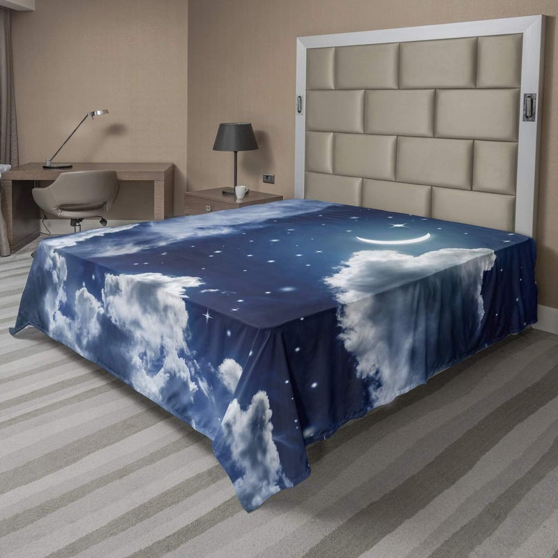 Lunarable Night Sky Flat Sheet, Cartoon Themed Clouds Alluring Moon Lunar Image, Soft and Comfortable Top Sheet Decorative Bedding 1 Piece, Full Size, Blue White - Image 1