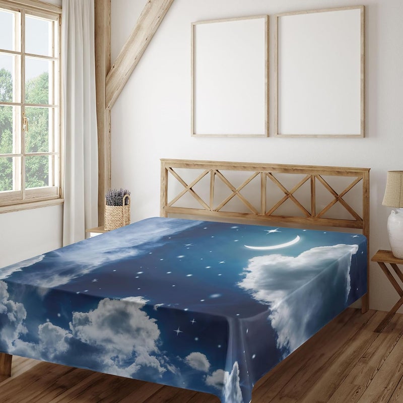 Lunarable Night Sky Flat Sheet, Cartoon Themed Clouds Alluring Moon Lunar Image, Soft and Comfortable Top Sheet Decorative Bedding 1 Piece, Full Size, Blue White - Image 2
