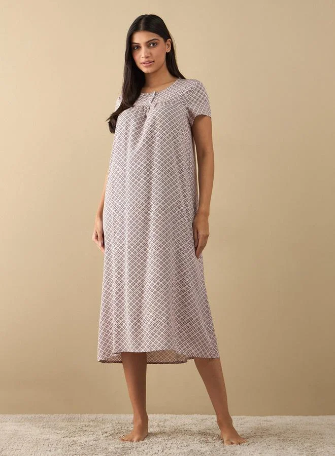 سبلاش فيڤ قميص نوم ميدي بطبعة كاملة بأكمام قصيرة