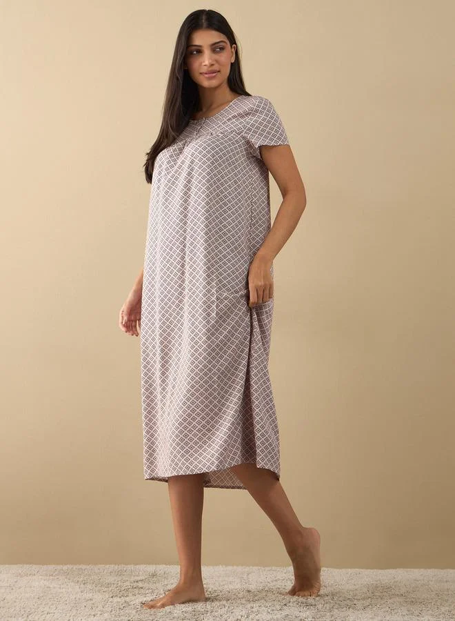 سبلاش فيڤ قميص نوم ميدي بطبعة كاملة بأكمام قصيرة