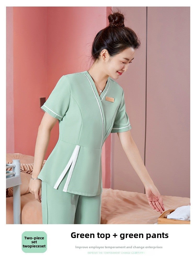 Summer Short Sleeve Luxury Spa Uniform Set Green Top Pants