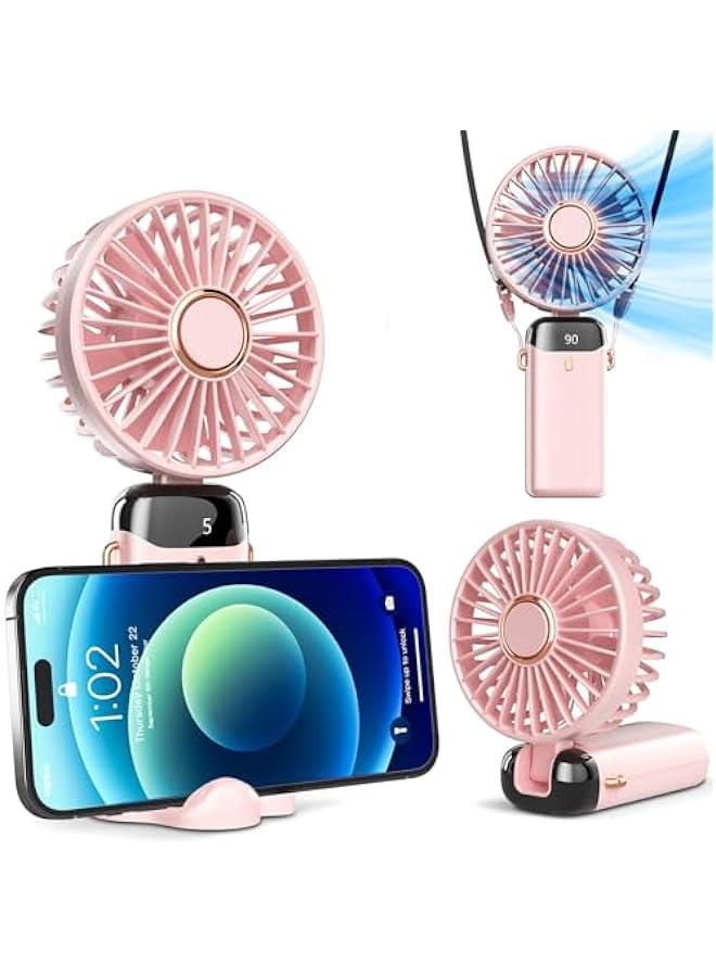 HOOKOR Portable Handheld Fan, Battery Operated Fan with Base, 7-12Hours, Digital Display, 5 Speeds, 90° Ajustable, Rechargeable Mini Fan for Outdoor Indoor (Pink) - Image 1