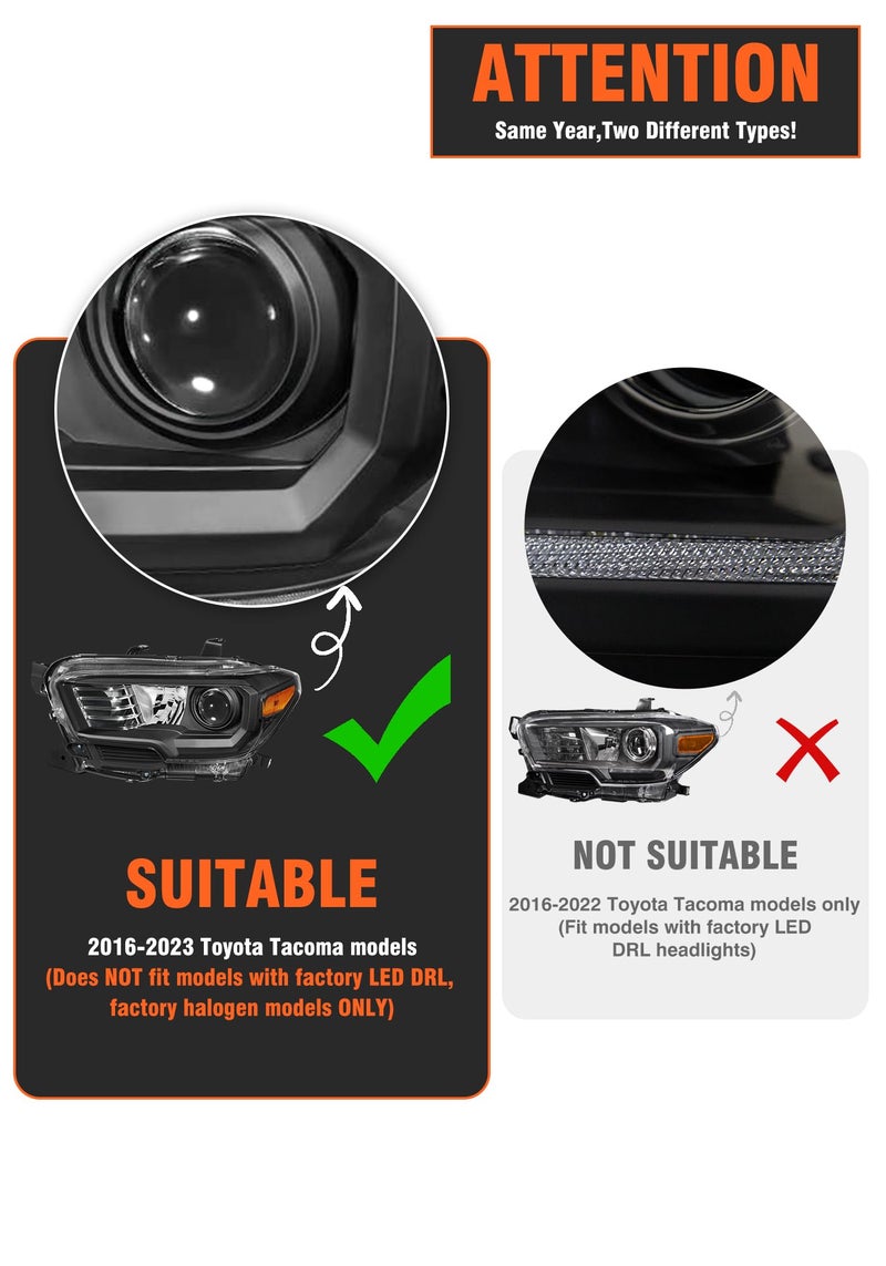 AXLAHA for 2016-2022 Toyota Tacoma Headlights Assembly Only Black Housing Amber Reflector Replacement Driver and Passenger Side - Image 3