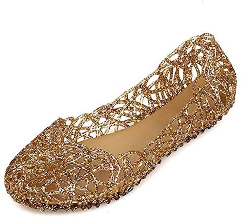 Domucos Womens Sandals Crystal Glitter Plastic Jelly Hollowed Flat Sandals Beach Pumps Shoes-Gold-8.5-40… - Image 1