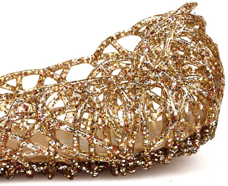 Domucos Womens Sandals Crystal Glitter Plastic Jelly Hollowed Flat Sandals Beach Pumps Shoes-Gold-8.5-40… - Image 2