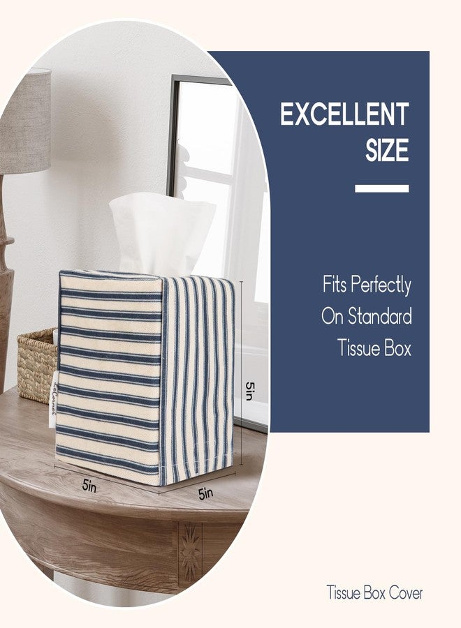 LeCorner Tissue Box Cover, Fabric Tissue Box Holder Square, Stylish Toilet Paper Storage, Modern Bathroom Counter Organizer Decorations Accessories,Ticking Stripe 5''x5''x5'' (Navy Blue) - Image 2
