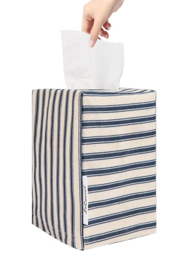LeCorner Tissue Box Cover, Fabric Tissue Box Holder Square, Stylish Toilet Paper Storage, Modern Bathroom Counter Organizer Decorations Accessories,Ticking Stripe 5''x5''x5'' (Navy Blue) - Image 1