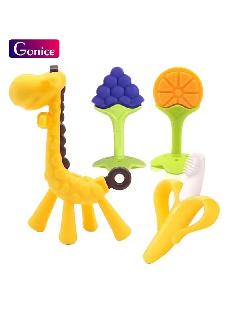 Gonice 4Pcs Baby Teething Toys 3-6 Months, Silicone Baby Teether Freezer BPA Free, Babies Teething Relief Sore Gums, Banana Toothbrush, Fruit Shape Giraffe Newborn Teether Gift for Infant Boy and Girl - Image 1