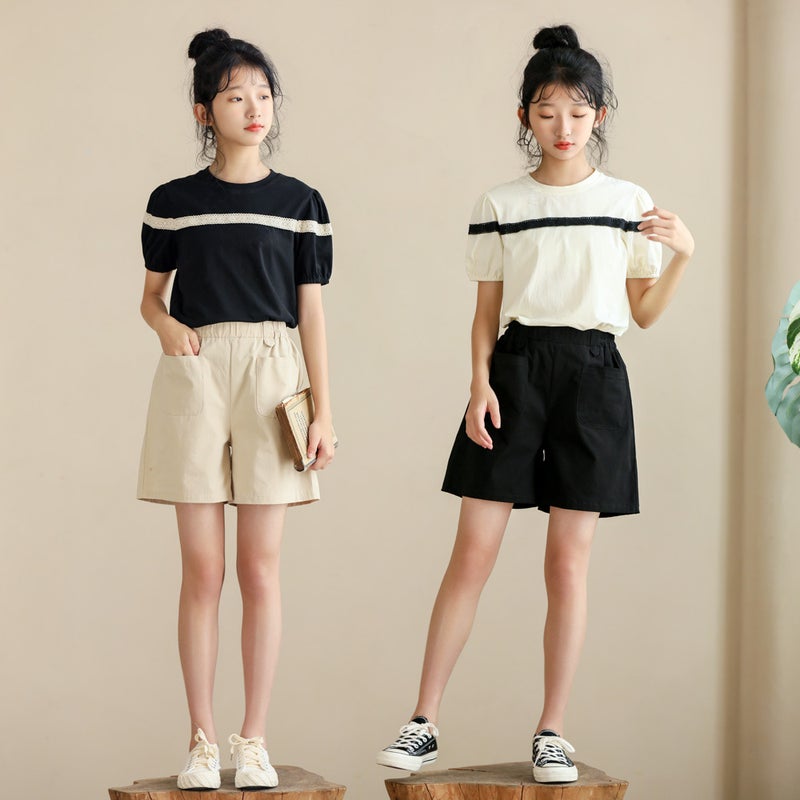 High Quality Elastic Waist Loose Pants 2024 Summer Gentle Sweet Style T-Shirt Junior High School Students Simple Shorts Parent Clothing - Image 2