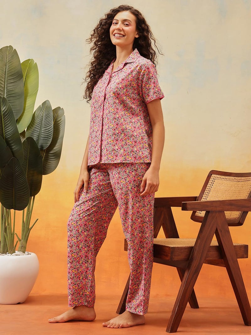 Clovia كلوفيا قميص نسائي قطني مطبوع بالزهور مع أزرار وبدلة بيجاما (LS0264D14_Pink_L) - Image 2