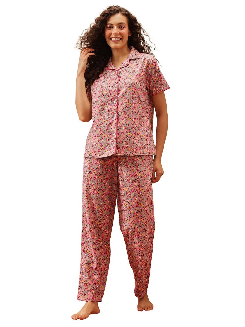 Clovia كلوفيا قميص نسائي قطني مطبوع بالزهور مع أزرار وبدلة بيجاما (LS0264D14_Pink_L) - Image 1