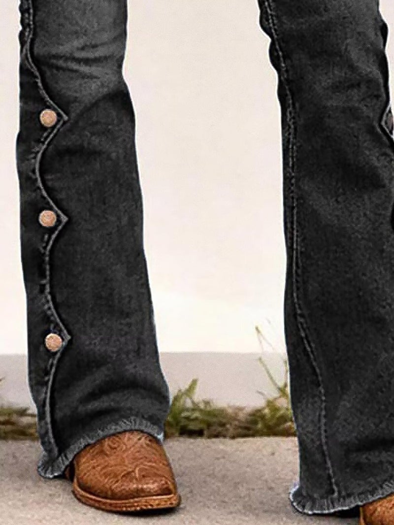Flamingals Women's Buttoned Hem Bootcut Jeans Without Belt Mid Waist Casual Pants Black Wash L - Image 5
