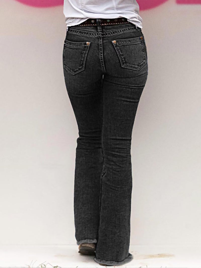 Flamingals Women's Buttoned Hem Bootcut Jeans Without Belt Mid Waist Casual Pants Black Wash L - Image 3