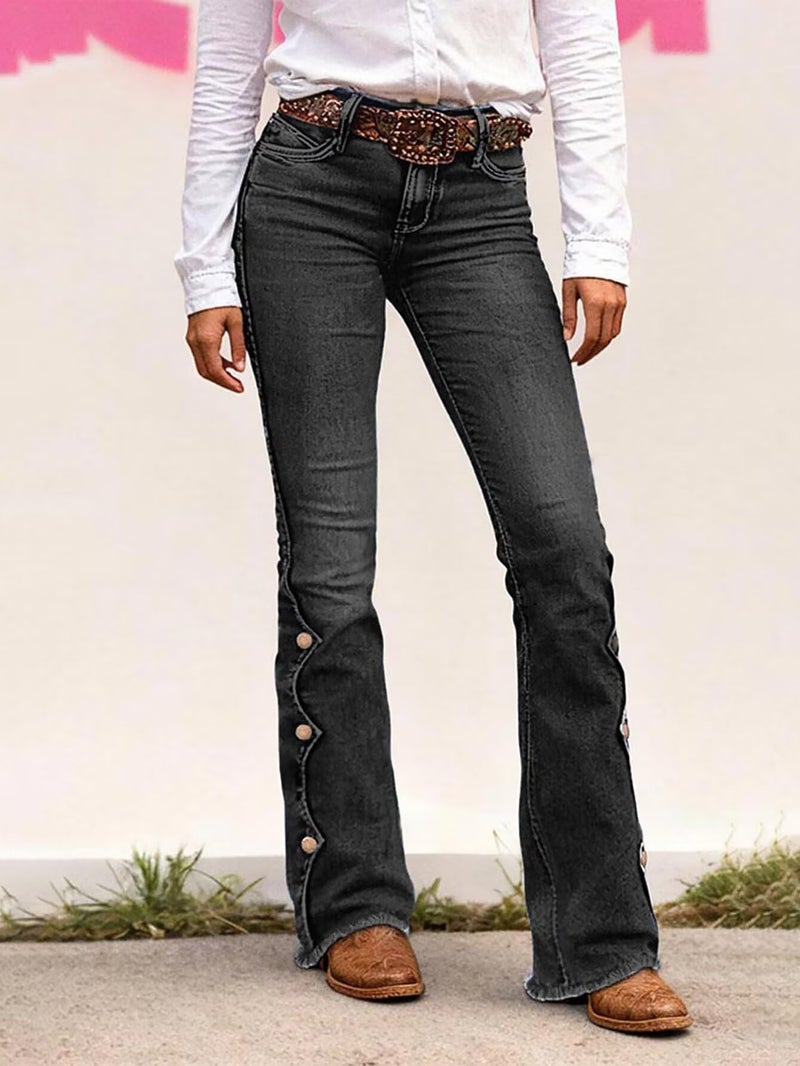 Flamingals Women's Buttoned Hem Bootcut Jeans Without Belt Mid Waist Casual Pants Black Wash L - Image 2