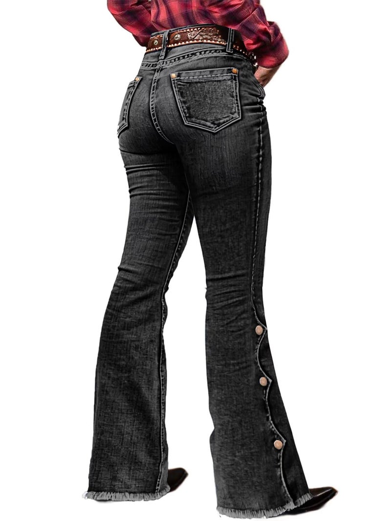 Flamingals Women's Buttoned Hem Bootcut Jeans Without Belt Mid Waist Casual Pants Black Wash L - Image 1