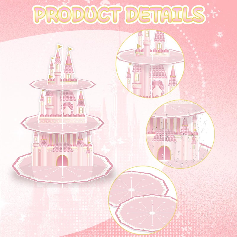 KALEFO Princess Party Supplies 3 Tier Cupcake Stand Birthday Decorations Pink Castle Cake Treat Table Decor(Princess) - Image 3