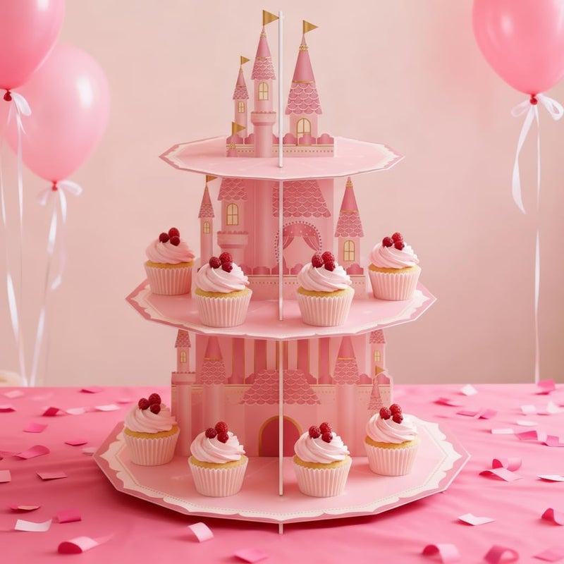KALEFO Princess Party Supplies 3 Tier Cupcake Stand Birthday Decorations Pink Castle Cake Treat Table Decor(Princess) - Image 4