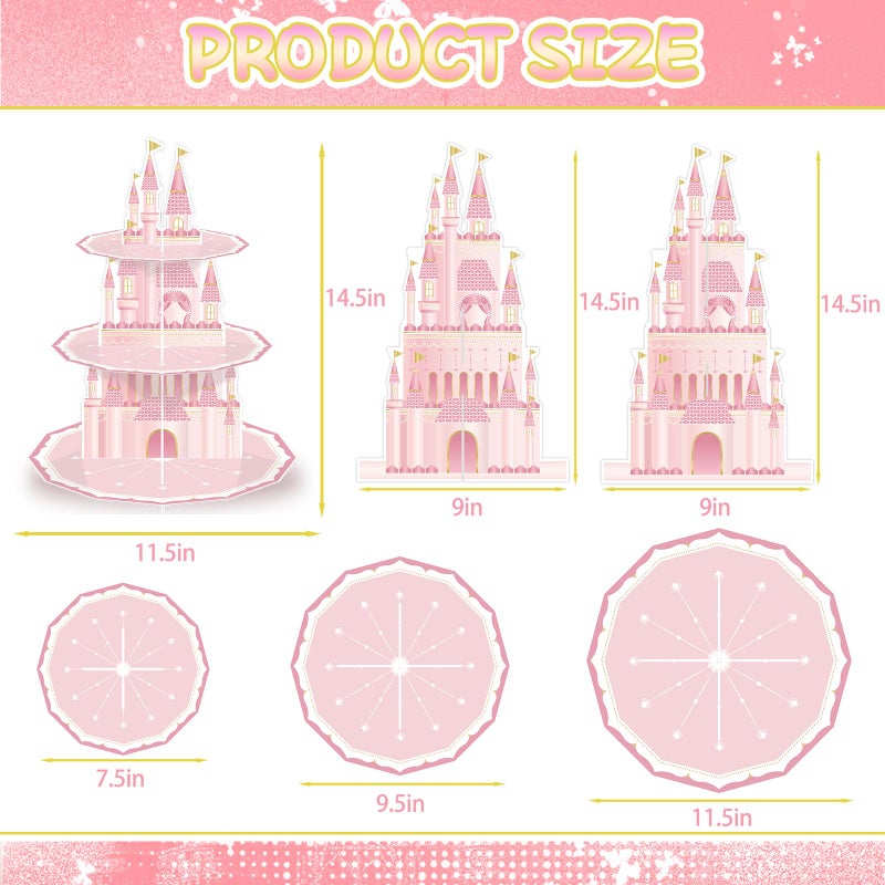 KALEFO Princess Party Supplies 3 Tier Cupcake Stand Birthday Decorations Pink Castle Cake Treat Table Decor(Princess) - Image 2