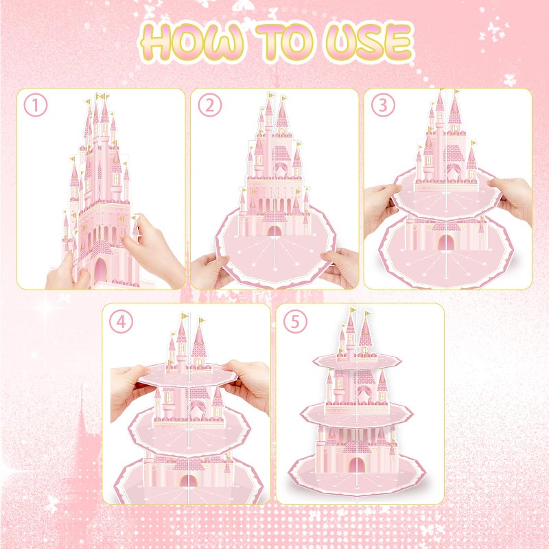 KALEFO Princess Party Supplies 3 Tier Cupcake Stand Birthday Decorations Pink Castle Cake Treat Table Decor(Princess) - Image 5