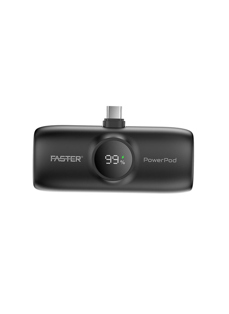 Faster S5K PowerPod, Mini Power Bank- Portable Powerbank LED Display, 20W Fast Charging, USB-C 5000mAh with Attached iPhone Cable- Portable Charger Compatible for iOS and Android- Built-in Connector Extend Power Pack Ultra Small, Ultra Compact Portable Mini Charger for Mobiles and Tablets (Black)  - Image 1