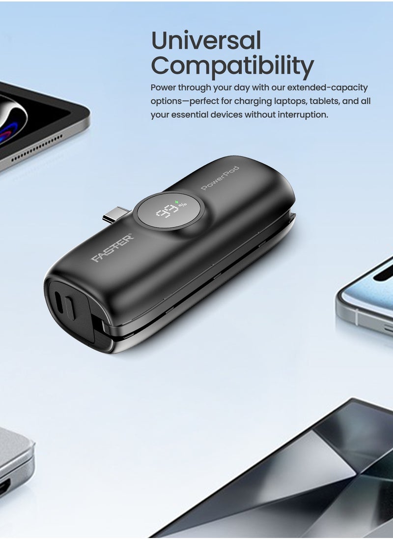 Faster S5K PowerPod, Mini Power Bank- Portable Powerbank LED Display, 20W Fast Charging, USB-C 5000mAh with Attached iPhone Cable- Portable Charger Compatible for iOS and Android- Built-in Connector Extend Power Pack Ultra Small, Ultra Compact Portable Mini Charger for Mobiles and Tablets (Black)  - Image 2